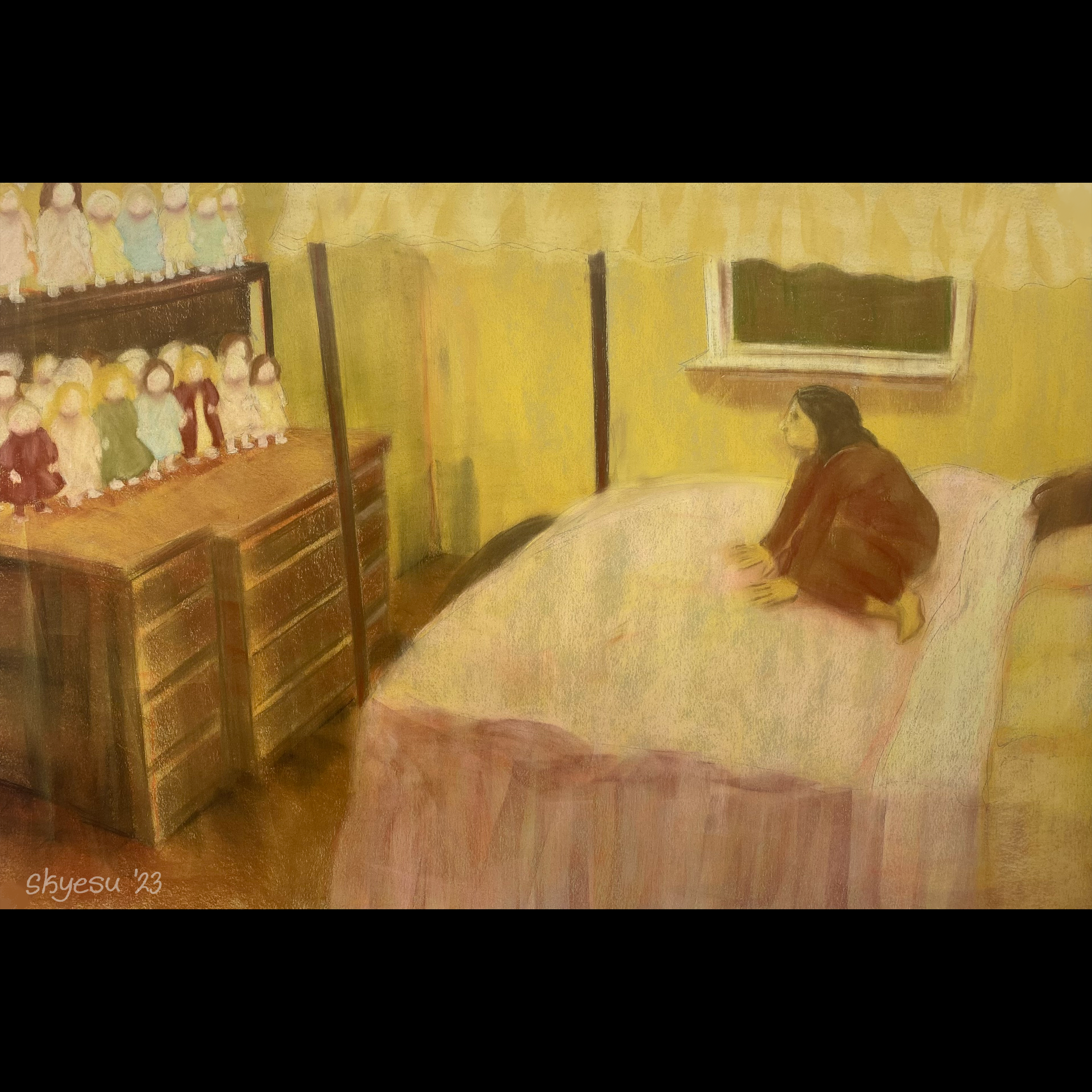 chalk pastel piece of a bedroom with a dim warm cast over the drawing. a child sits on a pink bed looking at the rows of porcelain dolls staring at them from the bedroom drawers